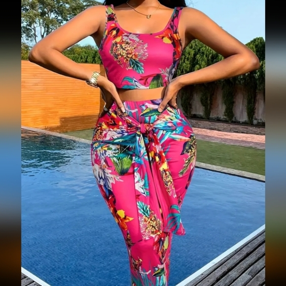NEW Tropical Print Crop Top & Long Sarong Skirt Set - Picture 1 of 4